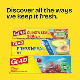 Packages of Cling'n Seal, Press'n Seal and storage bags on a yellow background with the words "Discover all the ways we keep it fresh"