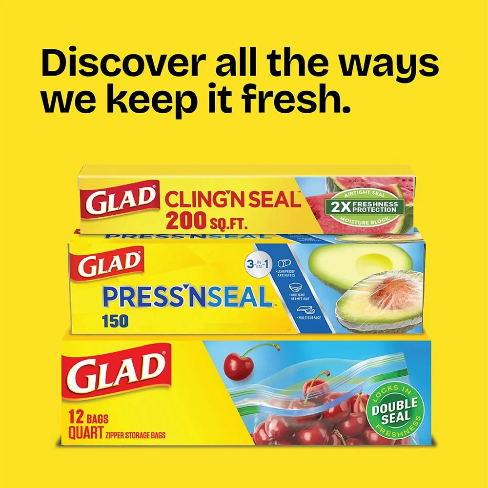 Packages of Cling'n Seal, Press'n Seal and storage bags on a yellow background with the words "Discover all the ways we keep it fresh"