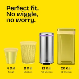 4 sizes of trash cans on a yellow background with the words "Perfect fit. No wiggle, No worry."