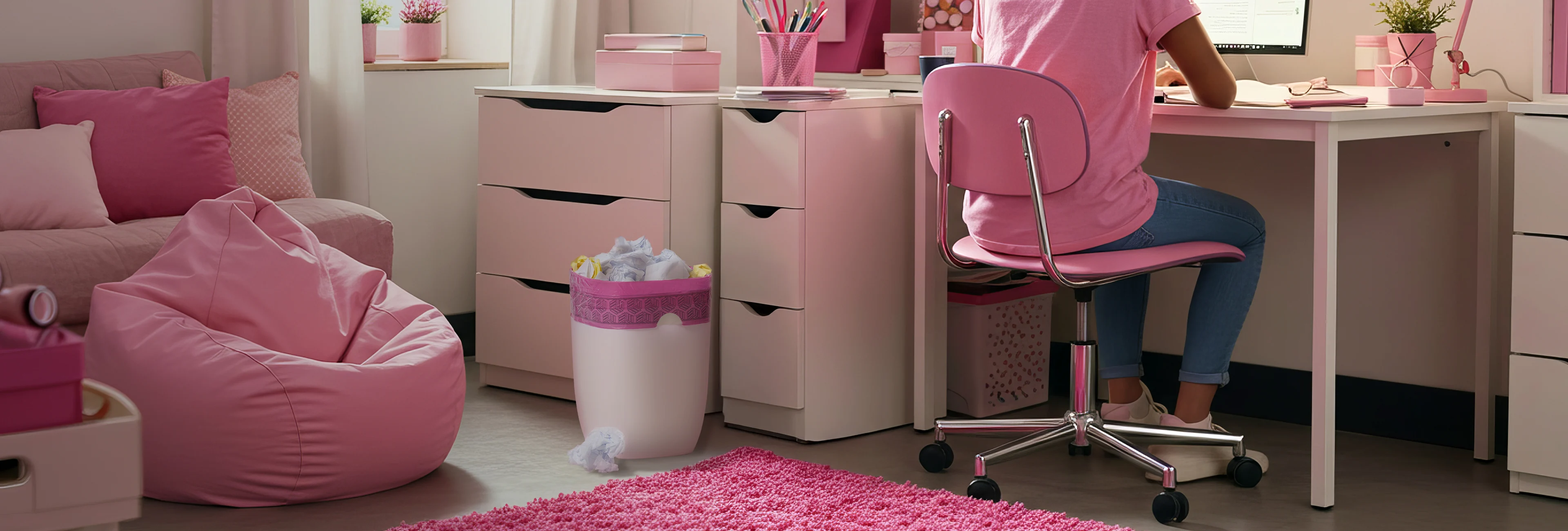 College-age girl in a dorm room with pink accessories featuring a pink cherry blossom Glad trash bag
