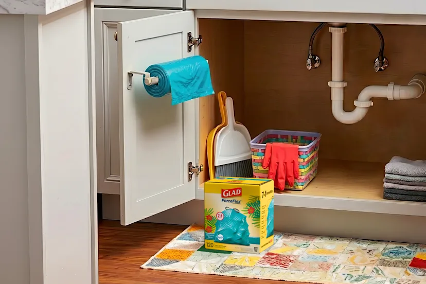 Trash bag roll mounted inside under-sink cabinet beside cleaning supplies and Glad box