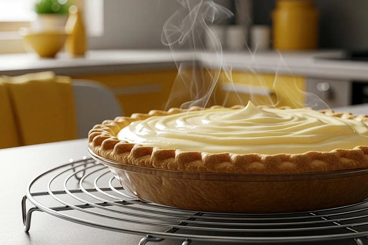 A warm pie cooling on a wire rack in a kitchen