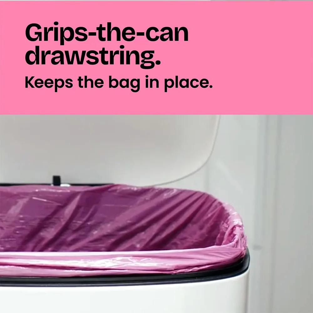 A pink trash bag in a trash can showing the grip strength of the bag. The words "Grips-the-can drawstring. Keeps the bag in place." on a pink background above.