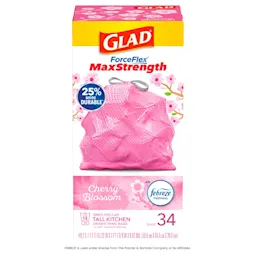 Package shot of Glad ForceFlex MaxStrength Tall Kitchen bags with Cherry Blossom scent