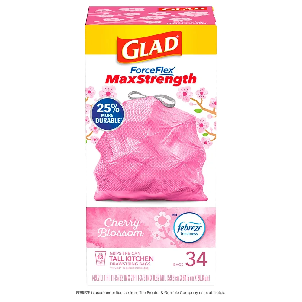 Package shot of Glad ForceFlex MaxStrength Tall Kitchen bags with Cherry Blossom scent