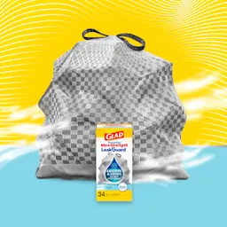 A package of Glad ForceFlex MaxStrength LeakGuard Fresh Air trash bags in front of a gray bag on a blue and yellow background