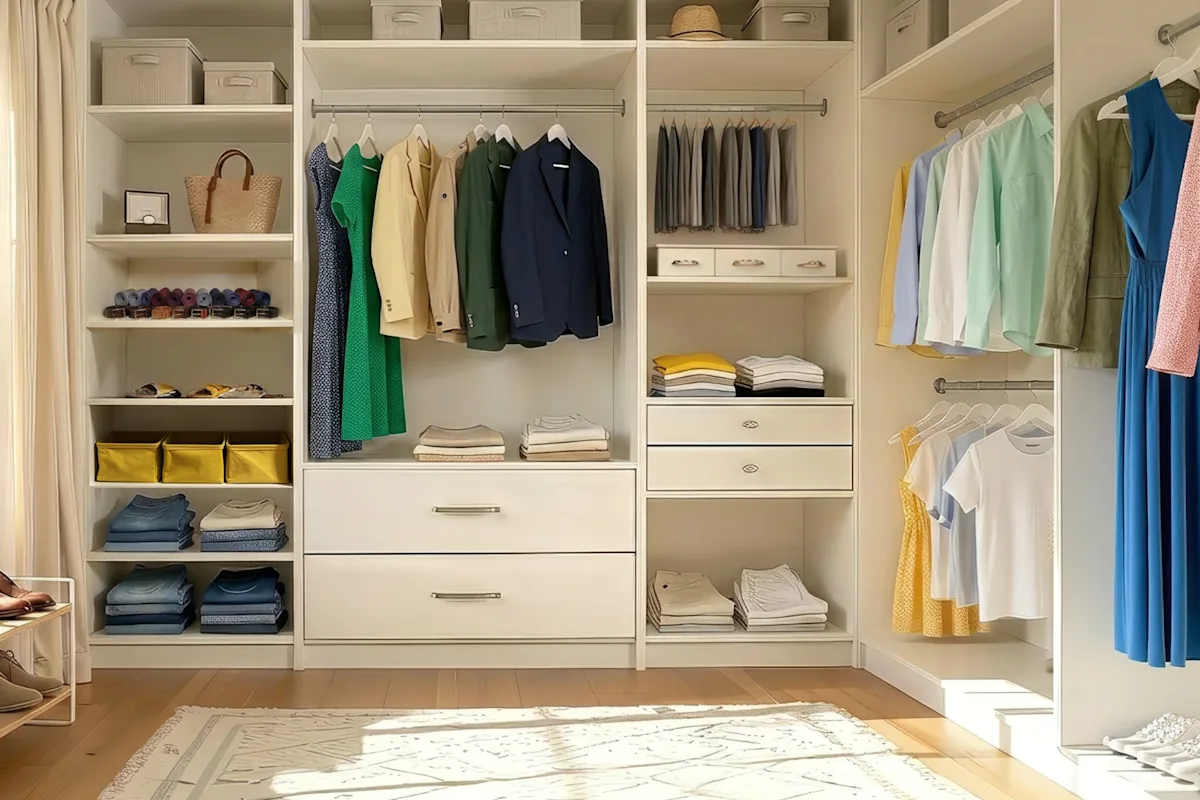 Neatly organized closet with folded clothes, hanging garments, storage bins, and drawers