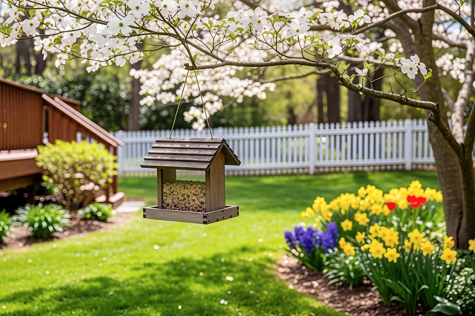 Wood bird feeder handing in a tree with grass and flowers in the background