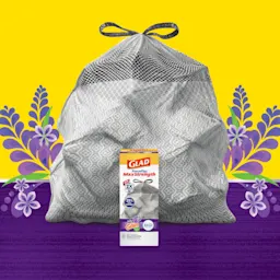 Glad ForceFlex MaxStrength trash bag and product box on purple and yellow background