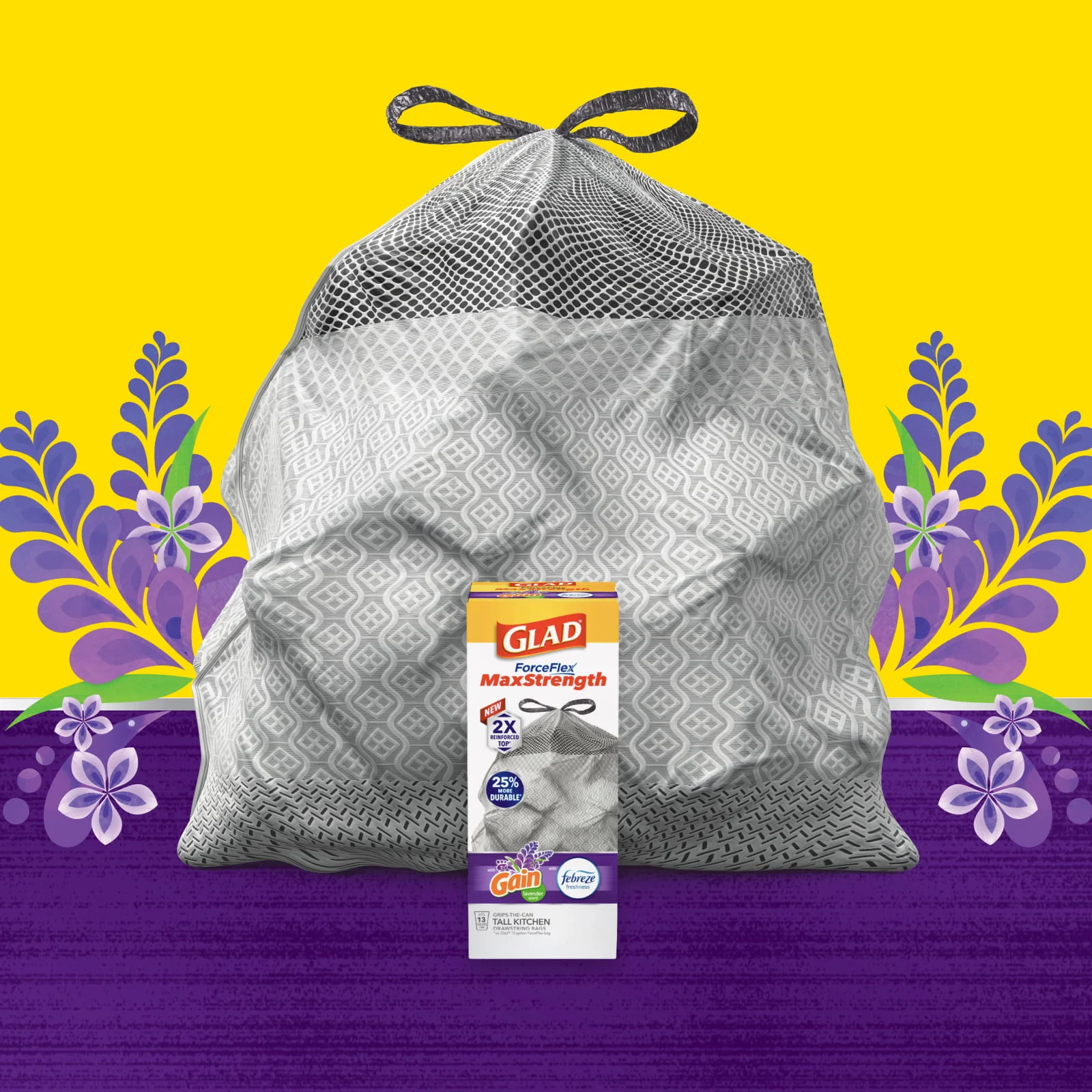 Glad ForceFlex MaxStrength trash bag and product box on purple and yellow background