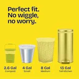 4 sizes of trash cans on a yellow background with the words "Perfect fit. No wiggle, No worry."