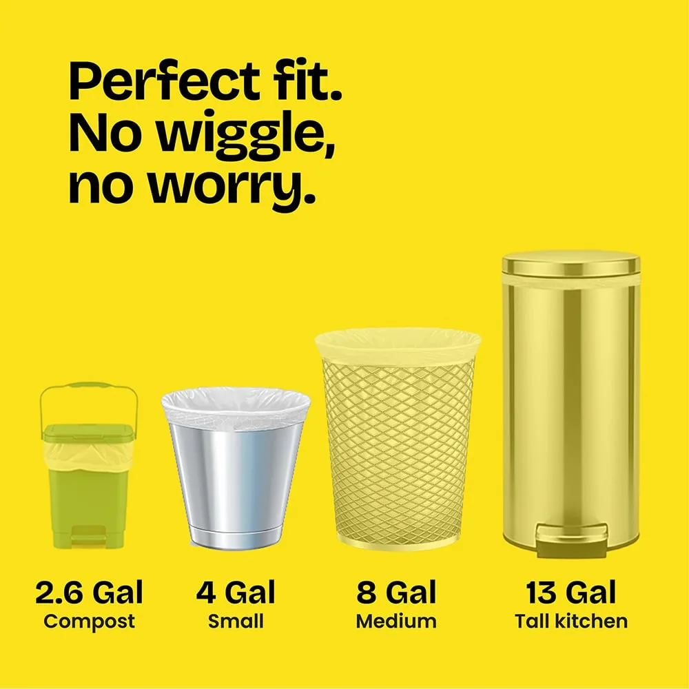 4 sizes of trash cans on a yellow background with the words "Perfect fit. No wiggle, No worry."