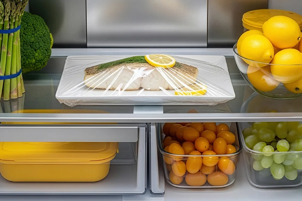 Cooked fish with a lemon slice on top, wrapped with Cling'N Seal wrap, sitting on a refrigerator shelf