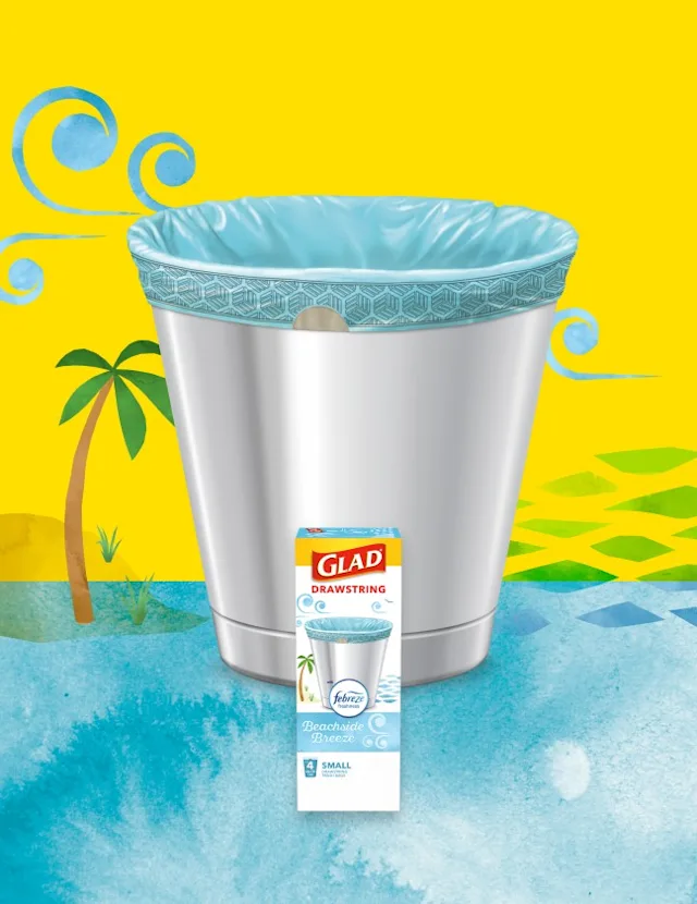 Glad Drawstring trash bag in a silver trash can with a beachside breeze scent, set against a colorful beach-themed background.