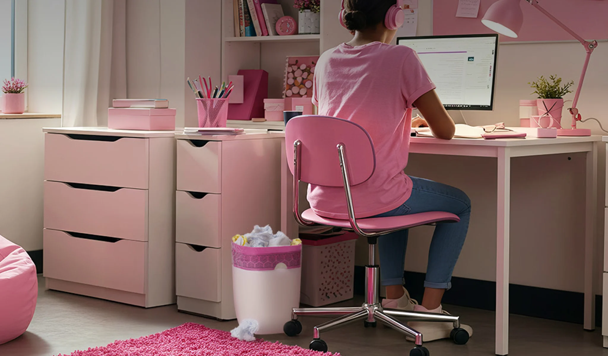 College-age girl in a dorm room with pink accessories featuring a pink cherry blossom Glad trash bag
