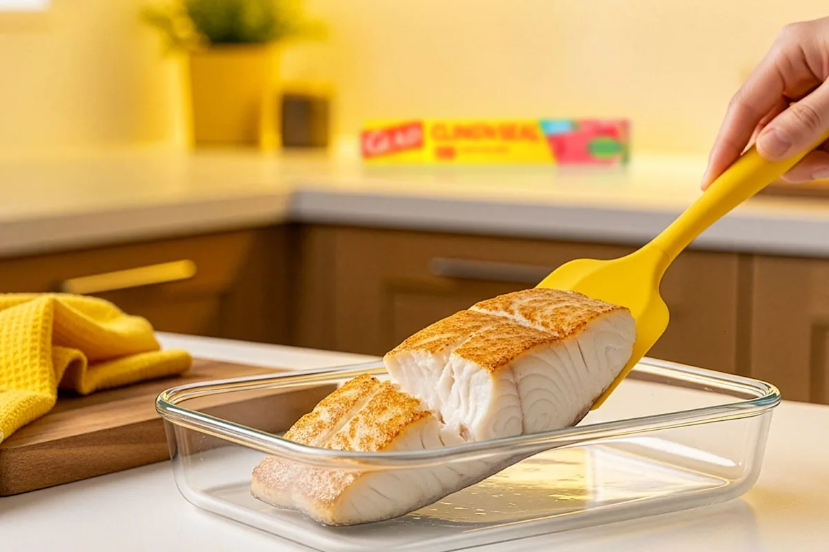 A hand scooping cooked salmon out of a baking dish with a spatula