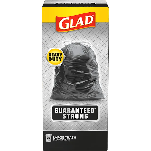 Glad heavy duty large trash drawstring bags box, guaranteed strong, fits 30-gallon cans.