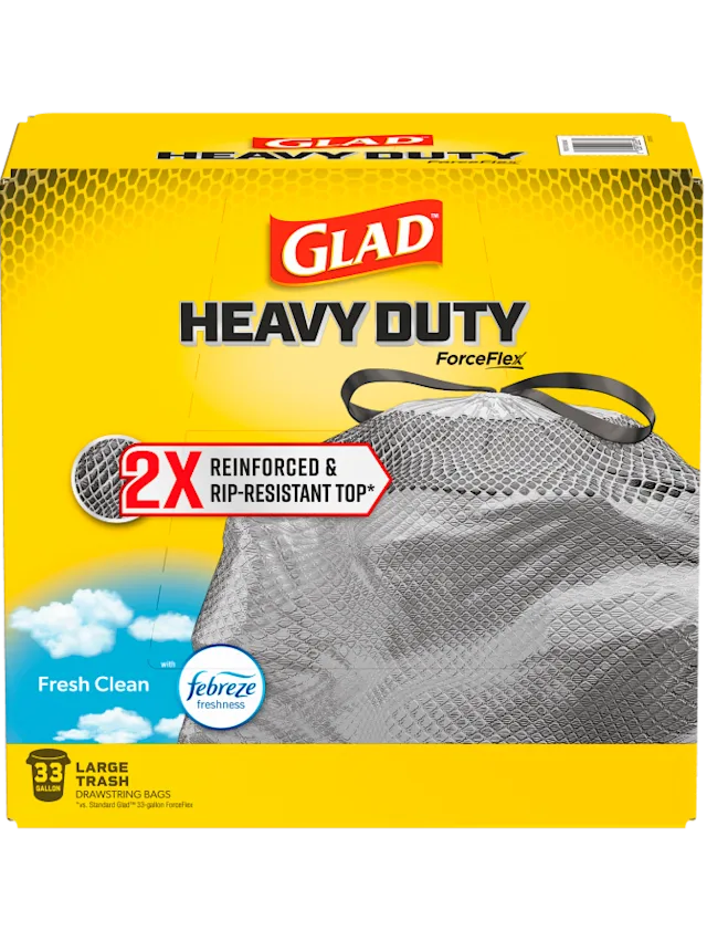 Package of 33 gallon Glad Heavy Duty ForceFlex trash bags with Fresh Clean scent