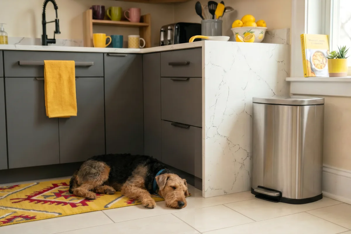 Dog resting on a kitchen rug beside a closed stainless steel trash can.