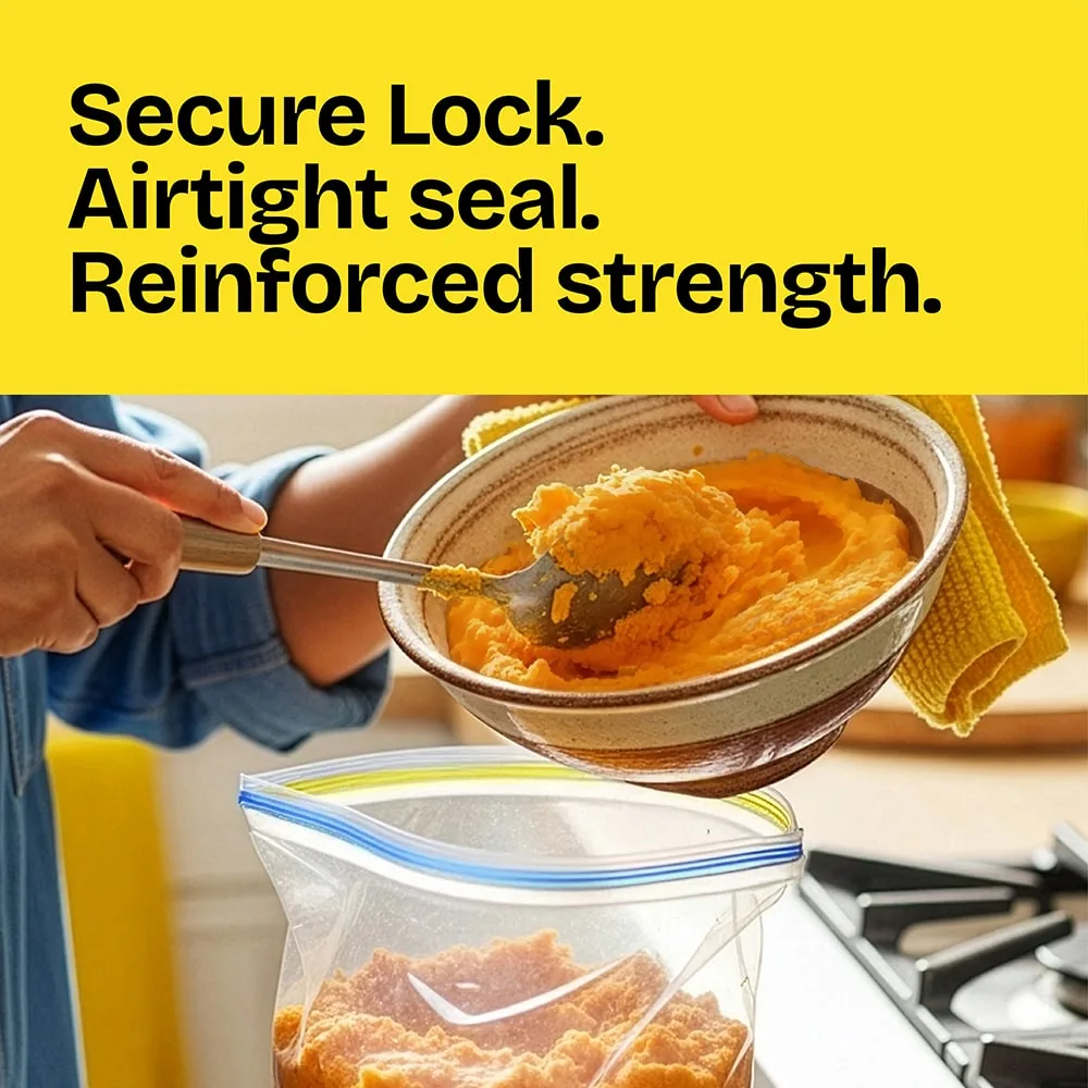 A person spooning mashed sweet potatoes into a zipper bag. The words "Secure lock. Airtight seal. Reinforced strength." in a yellow panel above.