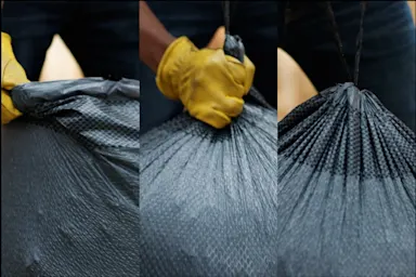 Three-step sequence showing how to gather, twist, and tie a full trash bag closed