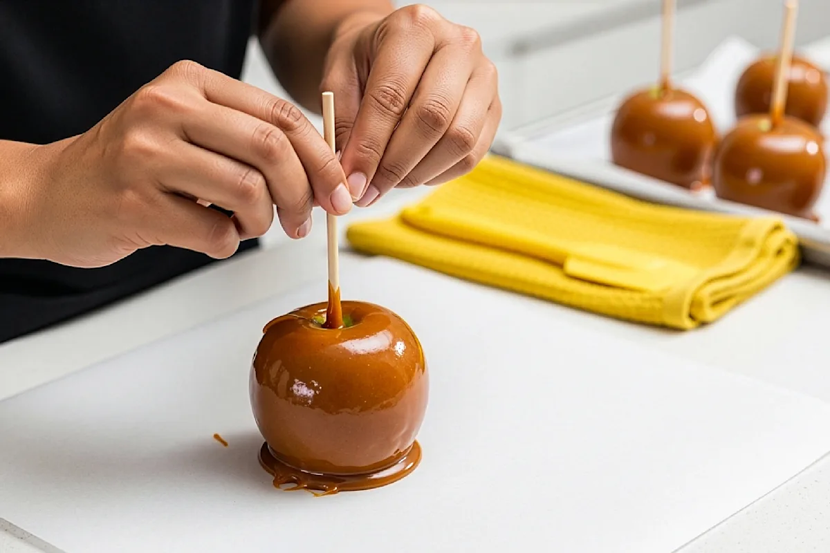 Apple on a stick after being dipped in caramel
