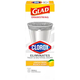 Package shot of Glad small drawstring bags with Clorox with Lemon scent