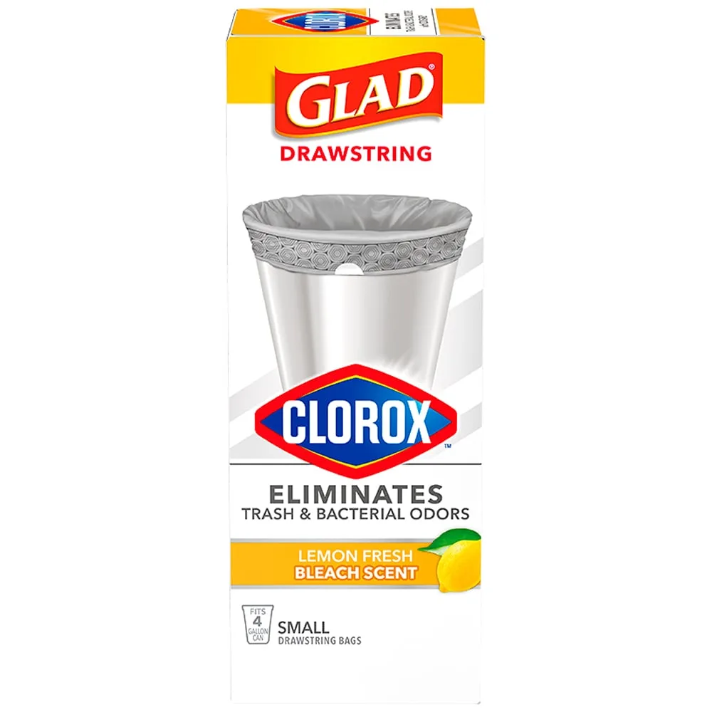 Package shot of Glad small drawstring bags with Clorox with Lemon scent