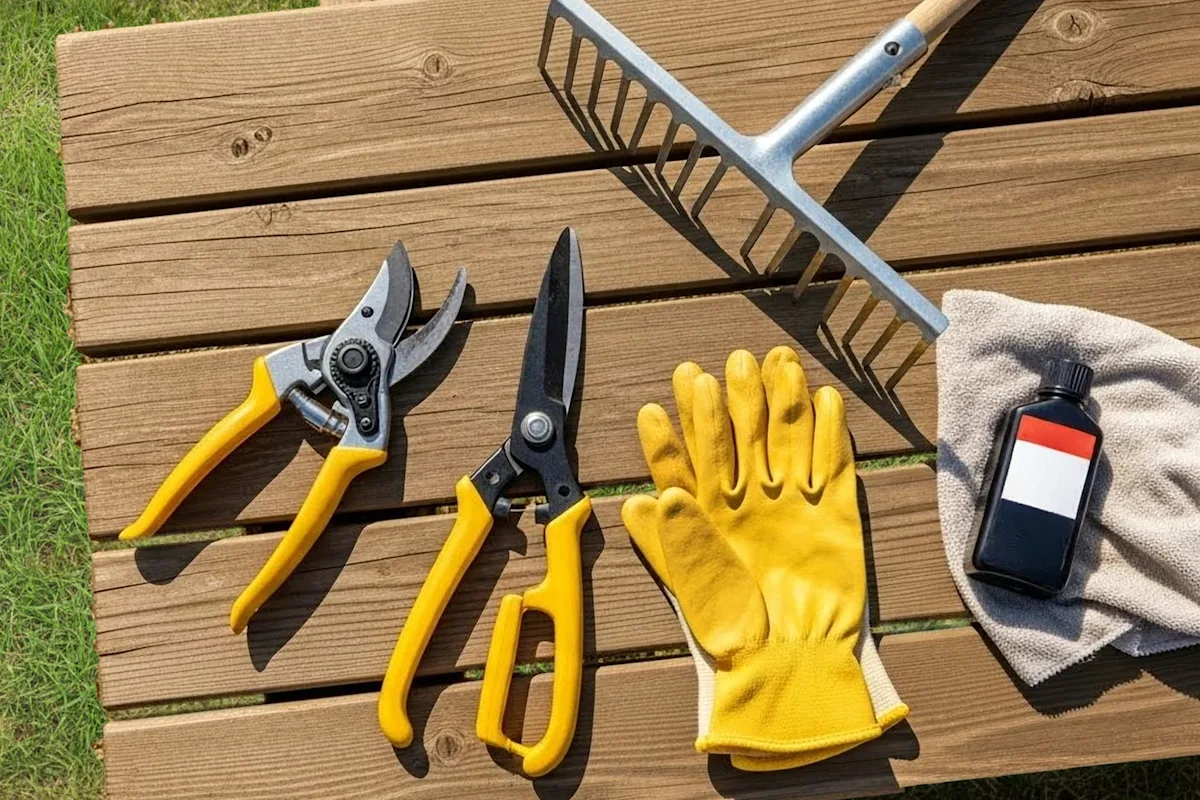 Shear, scissors, gloves, rake and oil laid out on a wooden table.