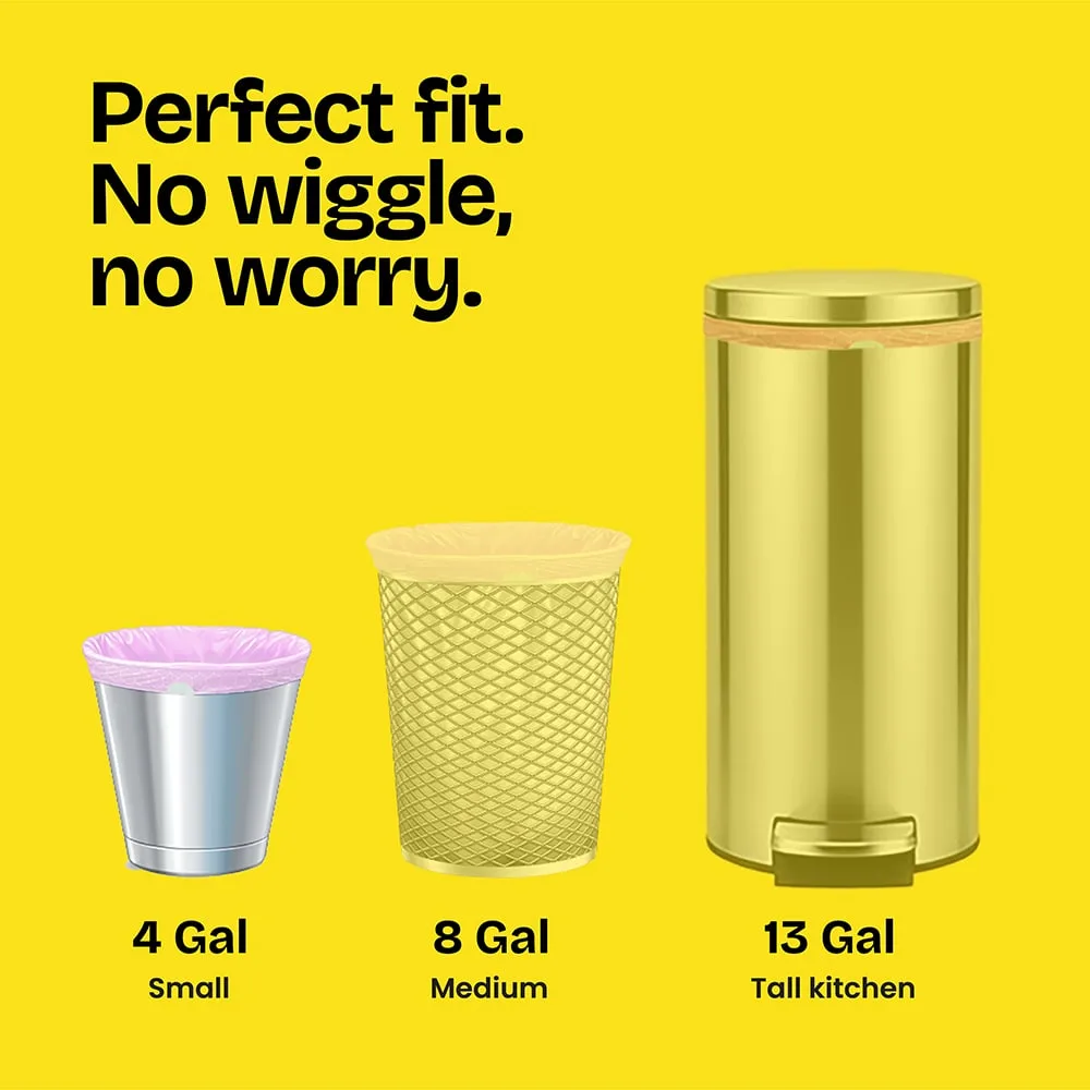 3 sizes of trash cans on a yellow background with the words "Perfect fit. No wiggle, No worry."