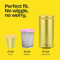 Three sizes of trash cans with the 8 gal size highlighted with a pink bag