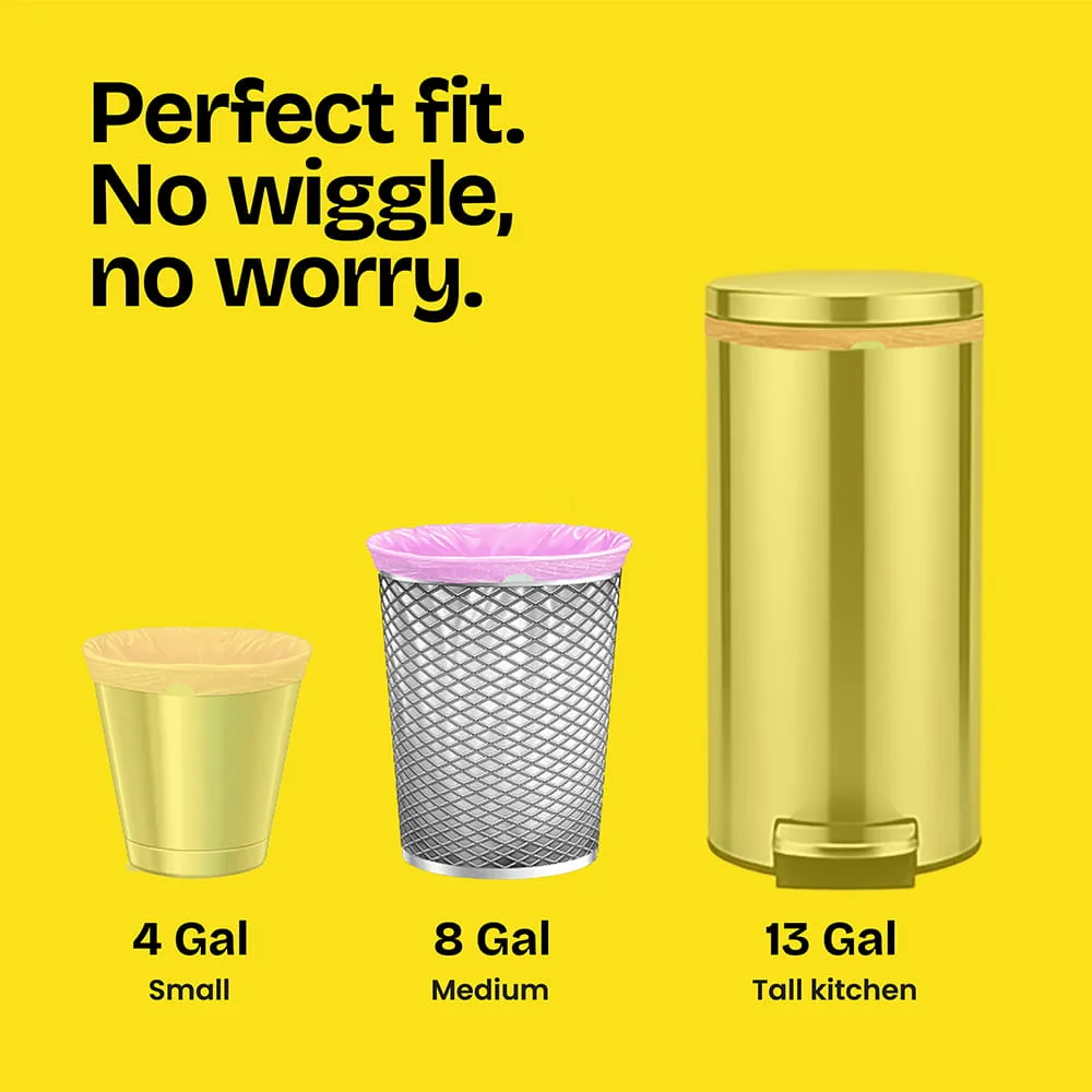 Three sizes of trash cans with the 8 gal size highlighted with a pink bag