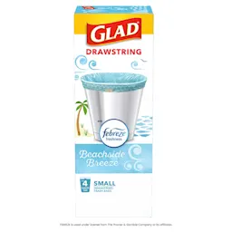 Package shot of Glad Drawstring small bags with Beachside Breeze scent