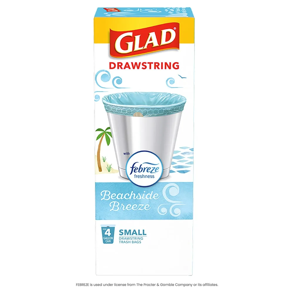 Package shot of Glad Drawstring small bags with Beachside Breeze scent