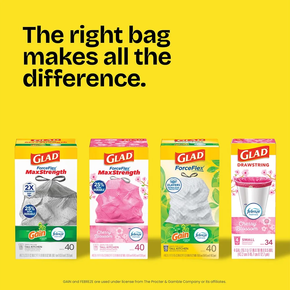 A line-up of 4 sizes and scents of Glad trash bags with the words "The right bag makes all the difference."