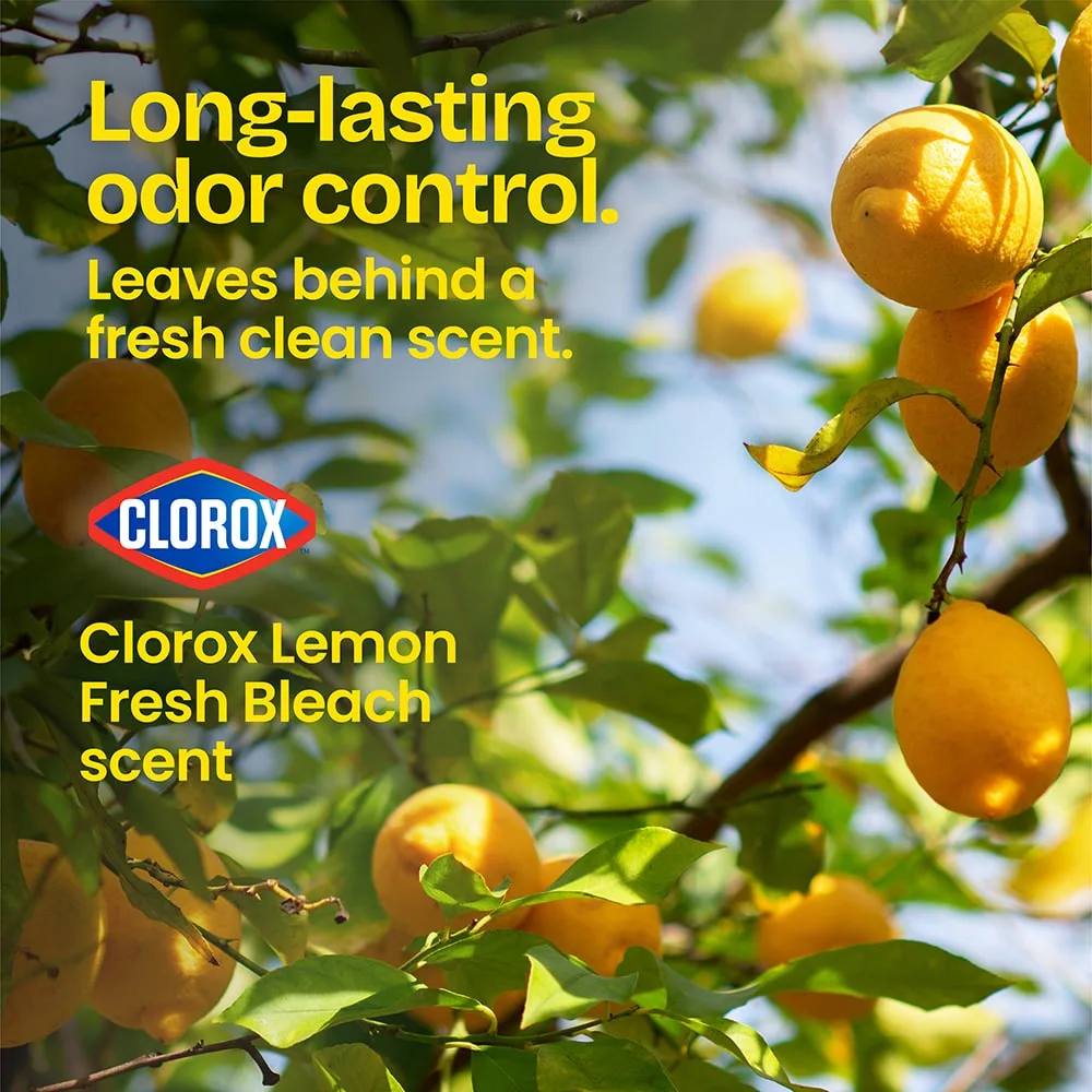The words "Long-lasting odor control. Leaves behind a fresh clean scent." and a Clorox logo over a lemon tree background