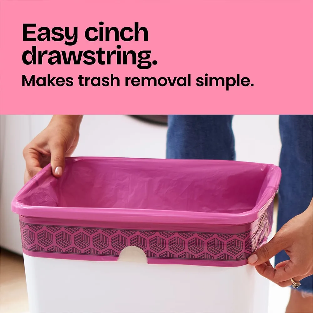 Hands putting a bag in a small trash can. A pink panel with the words "Easy cinch drawstring. Makes trash removal simple."