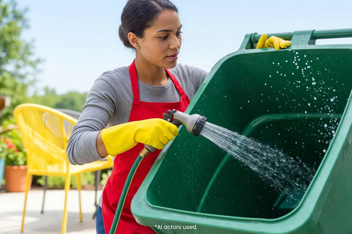 Person rinsing the inside of an outdoor trash bin with a garden hose.