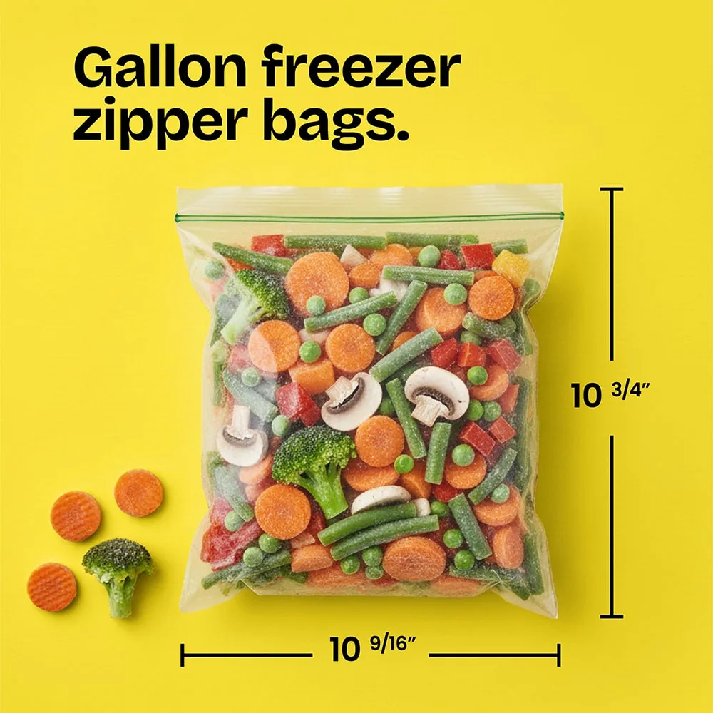 A 10-3/4" x 10-9/16" zipper bag filled with veggies. The words "Gallon freezer zipper bags." in black on yellow.