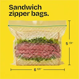 A roast beef sandwich in a 5-7/8" x 6-5/8" zipper bag on a yellow background with the words "Sandwich zipper bags." above in black.
