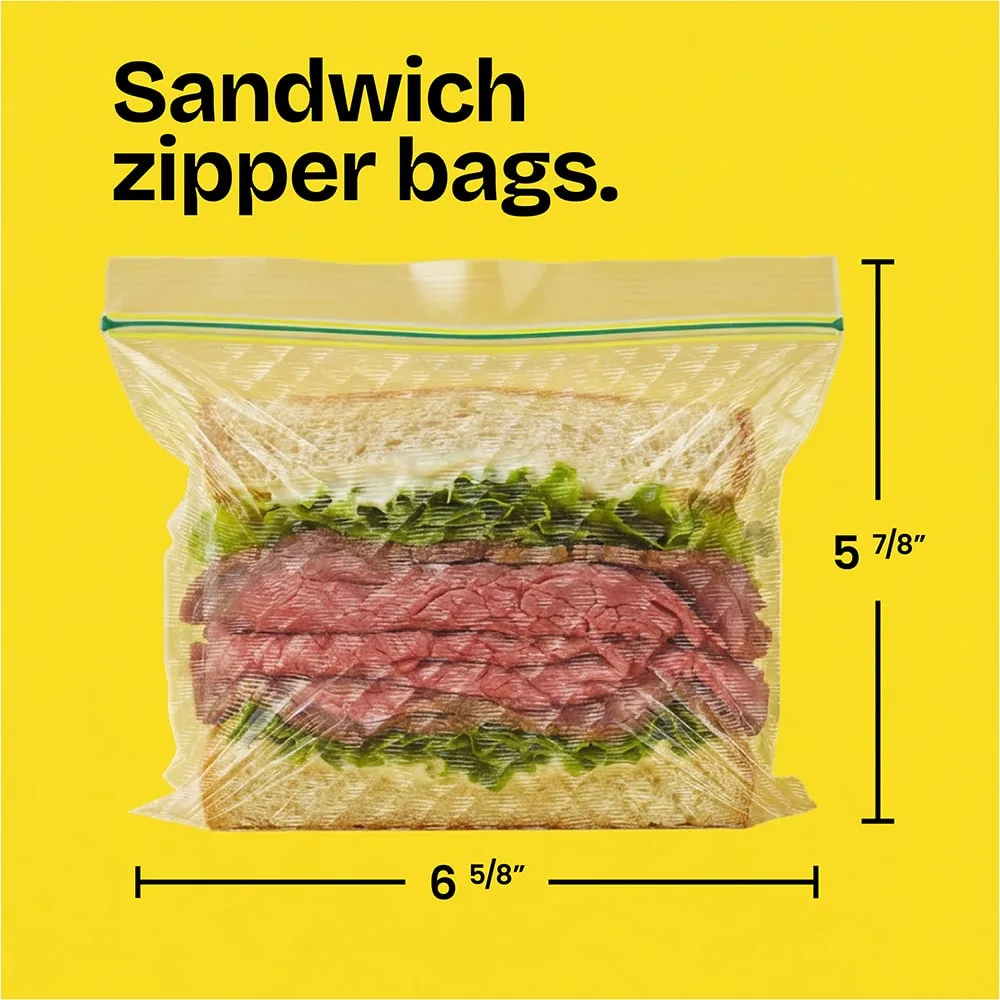 A roast beef sandwich in a 5-7/8" x 6-5/8" zipper bag on a yellow background with the words "Sandwich zipper bags." above in black.