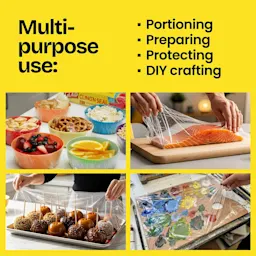 4 scenes of cling'n seal being used in various ways. The words "Multipurpose use: portioning, preparing, protecting, DIY crafting"