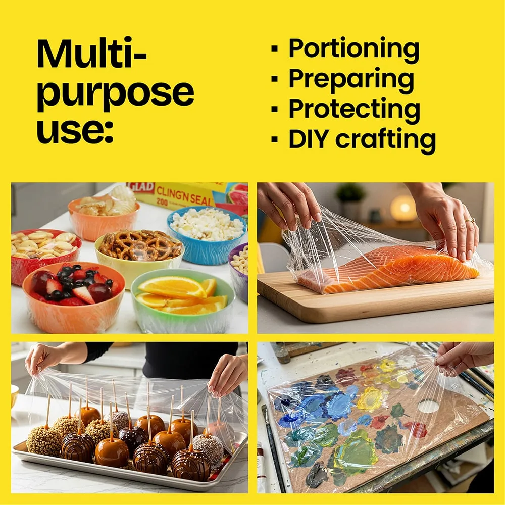 4 scenes of cling'n seal being used in various ways. The words "Multipurpose use: portioning, preparing, protecting, DIY crafting"