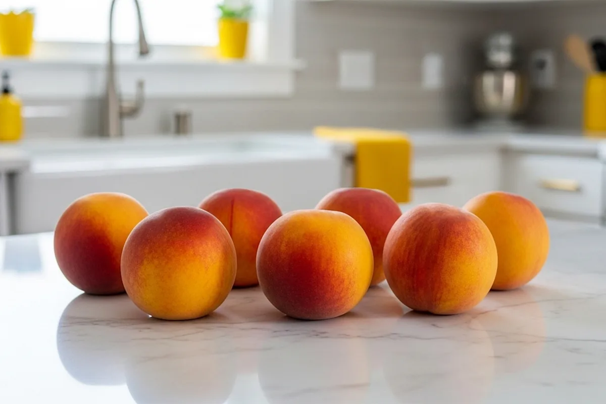 7 peaches on a marble countertop in a kitchen