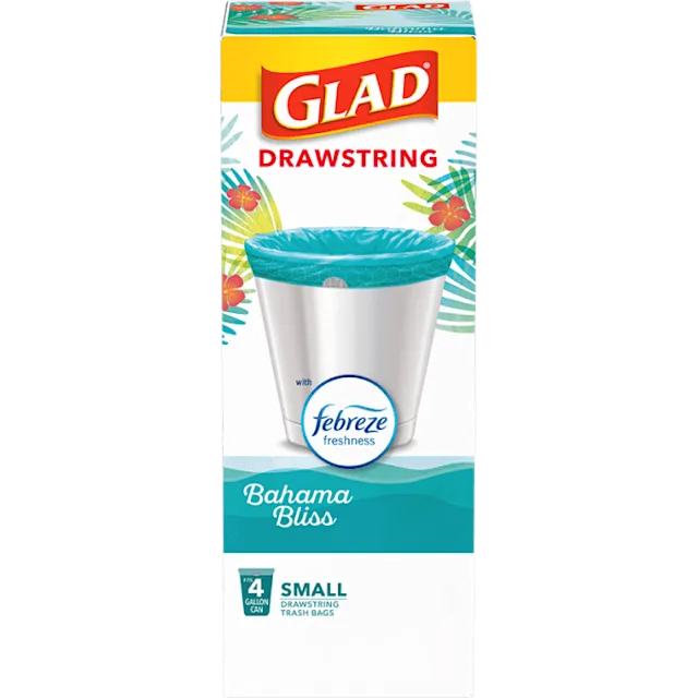 Box of Glad small trash bags with Bahama Bliss scent