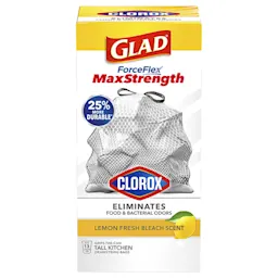 Package shot of Glad ForceFlex MaxStrength Tall Kitchen bags with Clorox with Lemon scent