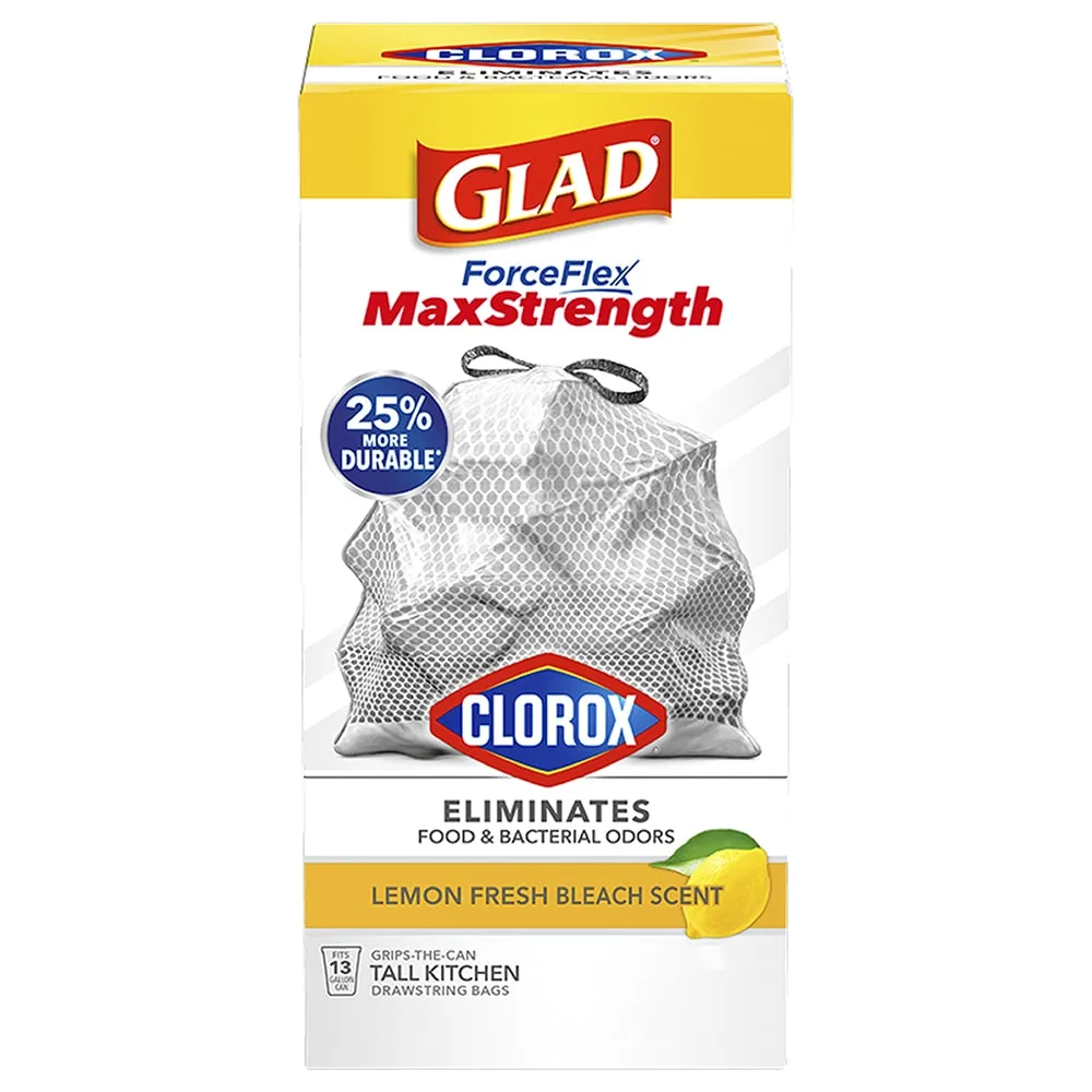 Package shot of Glad ForceFlex MaxStrength Tall Kitchen bags with Clorox with Lemon scent
