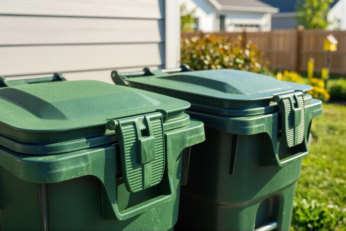 Two outdoor trash bins with locking lids beside a house in a backyard.