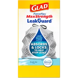 A package of Glad ForceFlex MaxStrength LeakGuard trash bags in Fresh Air scent