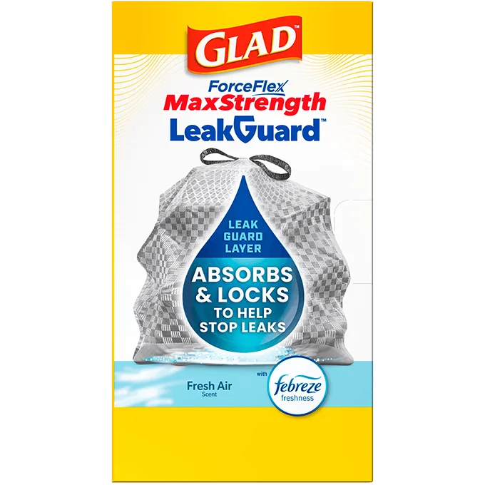 A package of Glad ForceFlex MaxStrength LeakGuard trash bags in Fresh Air scent